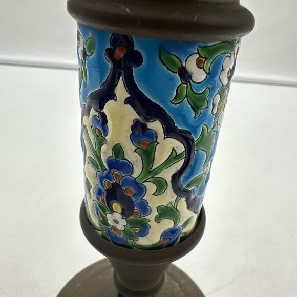 Set 2 Antique French Brass & Bronze Candlestick w/Longwy Pottery Column. 9” Tall - Picture 4 of 10